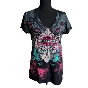 Harley Davidson Motor Cycle V-Neck Shirt Size Small/Medium